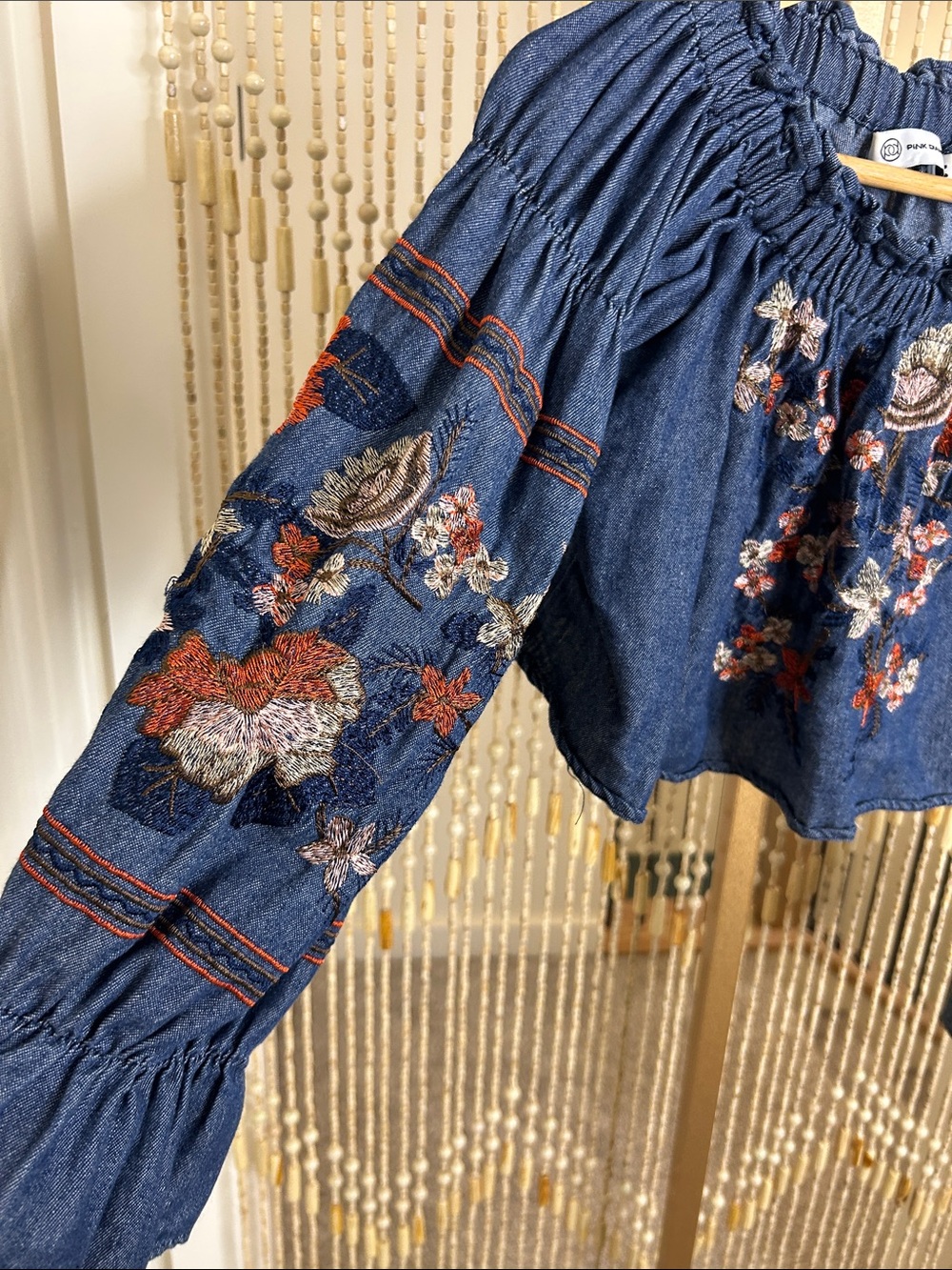 Embroidered Off-Shoulder Denim Blouse - Blue - Picture 3 of 15